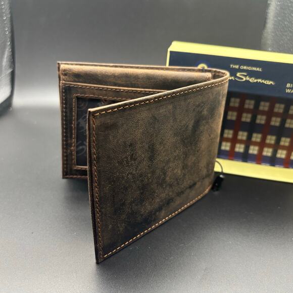 Ben Sherman MWA98FLBENBW00 mens distressed brown genuine leather bifold wallet - Picture 15 of 17